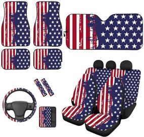 img 3 attached to American Flag Print Car Seat Covers Full Set with 2 Seat Belt Pads & Universal 15 Inch Steering Wheel Cover, Car Windshield Sunshade, and Car Floor Mats - Suitable for Cars, Trucks, SUVs, or Vans