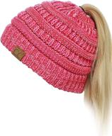 🧢 soft stretch cable knit messy high bun ponytail beanie hat with beanietail - c.c brand logo