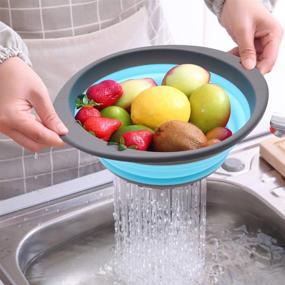 img 1 attached to 🍽️ QiMH Collapsible Colander Set of 3: Convenient Over the Sink Silicone Strainers - Dishwasher Safe (Blue & Grey)