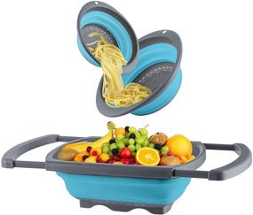 img 4 attached to 🍽️ QiMH Collapsible Colander Set of 3: Convenient Over the Sink Silicone Strainers - Dishwasher Safe (Blue & Grey)