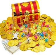 🏴 premium pirate chest toy box: unlock a world of fun with golden red treasure chest, lock and keys, gems, gold pirate coins, pirate badge, chains, rings, skull earrings - perfect kids' party favor sets! логотип