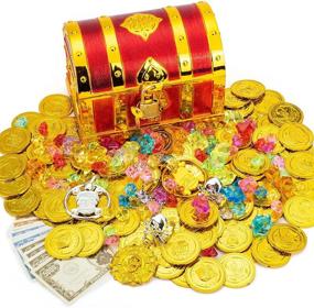 img 4 attached to 🏴 Premium Pirate Chest Toy Box: Unlock a World of Fun with Golden Red Treasure Chest, Lock and Keys, Gems, Gold Pirate Coins, Pirate Badge, Chains, Rings, Skull Earrings - Perfect Kids' Party Favor Sets!