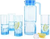 🍹 ice-blue glass pitcher and glasses set - perfect for homemade ice tea & juice or lemonade, beer beverage party carafe with cups, ideal gift drinking cups set - 5 pcs logo