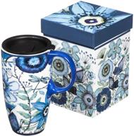 ☕ stylish indigo floral and butterfly ceramic travel coffee mug - 17oz logo