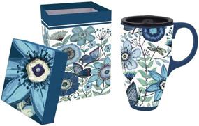 img 1 attached to ☕ Stylish Indigo Floral and Butterfly Ceramic Travel Coffee Mug - 17oz