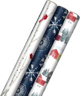 hallmark christmas wrapping paper set - snowy village, starry snowflakes, birch trees & cardinals (3 rolls: 120 sq. ft. ttl) with convenient cut lines on reverse logo