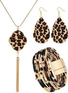 🐆 boho leopard jewelry set: 3-piece earrings, bracelets, necklace; multilayer leather cuff; cheetah accessories for women; ideal for girls' cosplay party supplies and costumes logo