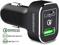 🔌 hyperports 63w usb c laptop car charger - dual port, qualcomm quick charge 3.0 compatible with macbook pro, chromebook, pixel 2 xl, galaxy s9 s8 edge plus note 9 8, ipad - pd chipset enabled logo