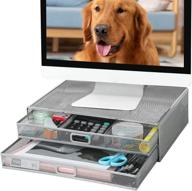 enhance your workspace with the monitor stand riser: mesh metal desk organizer with pull out drawer, pc printer holder, and laptop organizer - perfect for office supplies and computer accessories logo