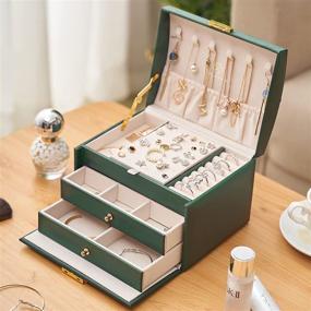img 2 attached to 📦 Green PU Leather Jewelry Box Organizer for Women and Girls - Medium Sized 3 Layer Storage Box with Lock, Removable Tray, and Compartments for Necklaces, Earrings, Rings, and Bracelets