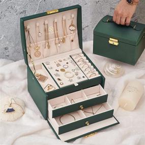 img 4 attached to 📦 Green PU Leather Jewelry Box Organizer for Women and Girls - Medium Sized 3 Layer Storage Box with Lock, Removable Tray, and Compartments for Necklaces, Earrings, Rings, and Bracelets