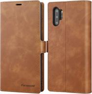 👜 premium leather wallet case for samsung galaxy note 10 plus 6.8”, folio flip case with kickstand, card holder slots, screen protector, and shockproof protective cover - brown logo