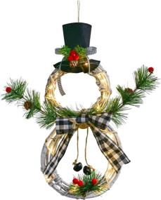 img 4 attached to 🎅 Lvydec Lighted Christmas Snowman Wreath - Festive 16x8-Inch Grapevine Decoration with Hat and Black Bow for Front Door and Home Wall Decor