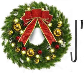 img 4 attached to 🎄 YoleShy 17 Inch Battery Operated Pre-lit Christmas Wreath with Hanger, Bow, and Bells - Christmas Decorations for Window, Front Door, Wall, and Fireplace