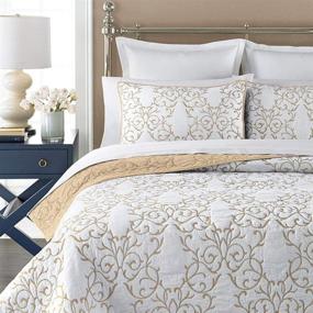 img 3 attached to 🛏️ King Size 3-Piece Beige Embroidered Quilt Set with Decorative Shams - Elegant Reversible 100% Cotton Bedspread and Coverlet Set