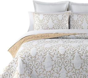 img 4 attached to 🛏️ King Size 3-Piece Beige Embroidered Quilt Set with Decorative Shams - Elegant Reversible 100% Cotton Bedspread and Coverlet Set