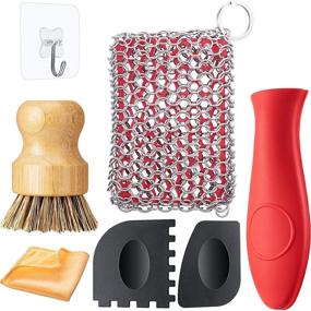 img 4 attached to 🍳 7-Piece Cast Iron Skillet Cleaner Kit: Stainless Steel Chainmail Scrubber, Bamboo Dish Brush, Hot Handle Holder, 2 Pan Grill Scrapers, Kitchen Towel, Wall Hook