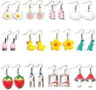 🦆 rubber duck, gummy bear, goldfish, water bottle, strawberry, mushroom, boba tea, butterfly, cloud, flower, dinosaur egg earrings set of 1-12 pairs logo