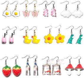 img 4 attached to 🦆 Rubber Duck, Gummy Bear, Goldfish, Water Bottle, Strawberry, Mushroom, Boba Tea, Butterfly, Cloud, Flower, Dinosaur Egg Earrings Set of 1-12 Pairs