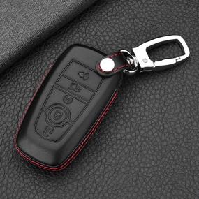 img 1 attached to Royalfox(TM) 3 4 5 Buttons Real Leather Keyless Entry Remote Key Fob Case Cover Keychain For 2017 2018 2019 2020 2021 Ford Mustang Explorer Edge Fusion Mondeo F150 F250 F350 F450 F550 (Black Leather)