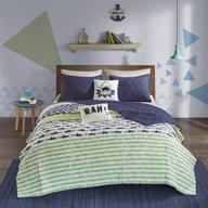 boys quilt set - urban habitat kids finn bedding sets green navy shark stripe – twin/twin xl - 4 piece boys quilt - 100% cotton coverlet set logo