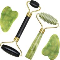 💆 facial jade roller and gua sha massage tools set for anti-aging and wrinkles - includes 2 ridged skin rollers for face, eye, neck, body (black/green) logo