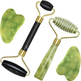 img 4 attached to 💆 Facial Jade Roller and Gua Sha Massage Tools Set for Anti-Aging and Wrinkles - Includes 2 Ridged Skin Rollers for Face, Eye, Neck, Body (Black/Green)