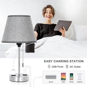 img 3 attached to 🌙 HAITRAL USB Table Lamp Set of 2 - Modern Nightstand Lamps with Dual USB Charging Ports & AC Outlet, Grey Fabric Lampshade for Bedroom, Living Room, Reading