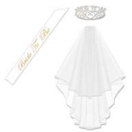 💎 sparkling rhinestone bride to be tiara with cascading white double ribbon edge bridal wedding veil, comb, and bride to be satin sash logo