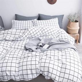 img 4 attached to 🛏️ Nanko Queen Duvet Cover Set: Grid Design, Luxury Microfiber Bedding, Modern Style with Zip and Tie - Plaid White, 3pc (1 Cover, 2 Pillowcases)