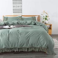 softta boho tassel queen bedding set - green fringed vintage and farmhouse duvet cover set - 100% washed cotton with zipper closure logo