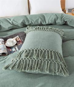 img 2 attached to Softta Boho Tassel Queen Bedding Set - Green Fringed Vintage and Farmhouse Duvet Cover Set - 100% Washed Cotton with Zipper Closure