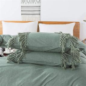 img 3 attached to Softta Boho Tassel Queen Bedding Set - Green Fringed Vintage and Farmhouse Duvet Cover Set - 100% Washed Cotton with Zipper Closure