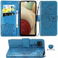 🔵 premium blue galaxy a12 wallet case for women - magnetic leather case with 3d butterfly card slots, kickstand, and wrist strap - soft tpu protection flip cover for samsung galaxy a12 phone logo