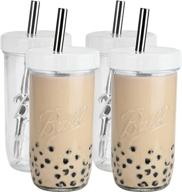 pack of 4 bedoo reusable wide mouth smoothie cups - 24 oz, bubble tea cups with white lids and silver straws, mason jars glass cups for iced coffee, travel glass drinking bottle logo