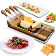 🧀 nutrichef slicing bamboo cheese board platter: stylish wood serving tray with 4 stainless steel knives and magnet holder – perfect for cutting, serving food, fruit, and meat logo