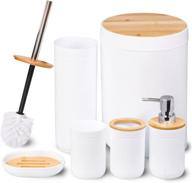 🛁 cerbior bamboo bathroom accessory set - 6 piece bath set in white: soap dish, toothbrush holder, rinse cup, lotion bottle, trash can, toilet brush - practical toilet kit for home washing room logo