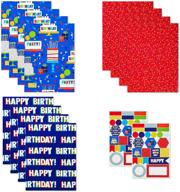 🎁 бумага для упаковки подарков с днем рождения hallmark в виде листов: линии для разрезания на оборотной стороне (12 сложенных листов, наклейки для запечатывания) - с днем рождения, красные конфетти, голубая с тортами логотип