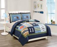 🏀 teen/ kids full bed comforter set: sport baseball football basketball soccer - navy blue, white, orange, brown, and black logo