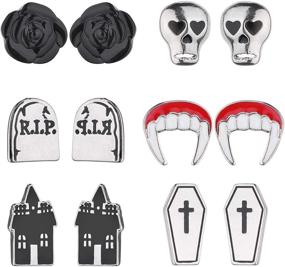 img 4 attached to Lux Accessories Halloween Tombstone Skull Flower Vampire 🧛 Coffin Stud Earrings Set of 6 for Haunted House