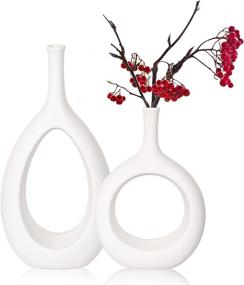 img 4 attached to 🏺 Modern Decorative Ceramic Vase Set - LIBWYS White Hollow Oval Vases for Living Room, Kitchen, Office, Home, Table - Set of 2 (12.2'' and 9.4'' High) - Geometric Flower Vases