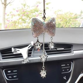img 4 attached to Car Bling Rear View Mirror Hanging Accessories For Women Girl Rhinestone Crystal Charm Auto Pendant Ornament With Tassel Bling Car Decoration Cute Lucky Interior Decaration (White Bow)