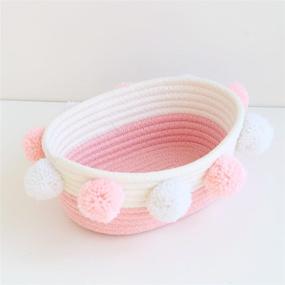 img 2 attached to 🎀 Oval Pink Cotton Rope Storage Basket with Pompoms - Handmade Woven, 10.6&#34; x 9.8&#34; x 4.3&#34; - Cute Baby Basket for Books, Pet Toys, Gifts, Desktop Shelf Organizer