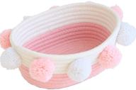 🎀 oval pink cotton rope storage basket with pompoms - handmade woven, 10.6&#34; x 9.8&#34; x 4.3&#34; - cute baby basket for books, pet toys, gifts, desktop shelf organizer logo
