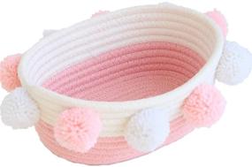 img 4 attached to 🎀 Oval Pink Cotton Rope Storage Basket with Pompoms - Handmade Woven, 10.6&#34; x 9.8&#34; x 4.3&#34; - Cute Baby Basket for Books, Pet Toys, Gifts, Desktop Shelf Organizer