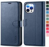 📱 tucch wallet case for iphone 12 pro max 5g, rfid blocking premium pu leather credit card holder magnetic stand flip cover, dark blue logo