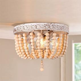 img 3 attached to 🏡 CINOTON Adjustable Height Oak Wood Beaded Chandelier - Farmhouse Boho 3-Light Flush Mount Ceiling Light with Engraving Pattern - for Hallway, Nursery, Bedroom, Kitchen, Living Room