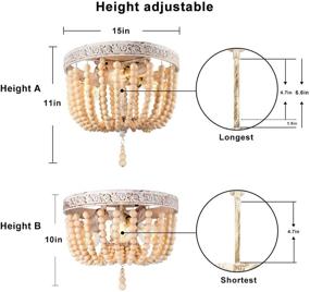 img 2 attached to 🏡 CINOTON Adjustable Height Oak Wood Beaded Chandelier - Farmhouse Boho 3-Light Flush Mount Ceiling Light with Engraving Pattern - for Hallway, Nursery, Bedroom, Kitchen, Living Room