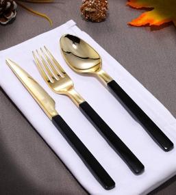 img 1 attached to Nervure 150-Piece Gold Plastic Silverware Set with Black Handles - includes 🍽️ 50 Forks, 50 Knives, 50 Spoons - Ideal for Parties, Weddings, and Catering Events