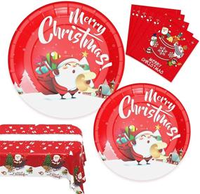 img 4 attached to 🎄 Christmas Party Supplies Set: 74 PCS Disposable Dinnerware, Plates, Napkins, Tablecloth - Festive Decorations for Christmas, Serves 24